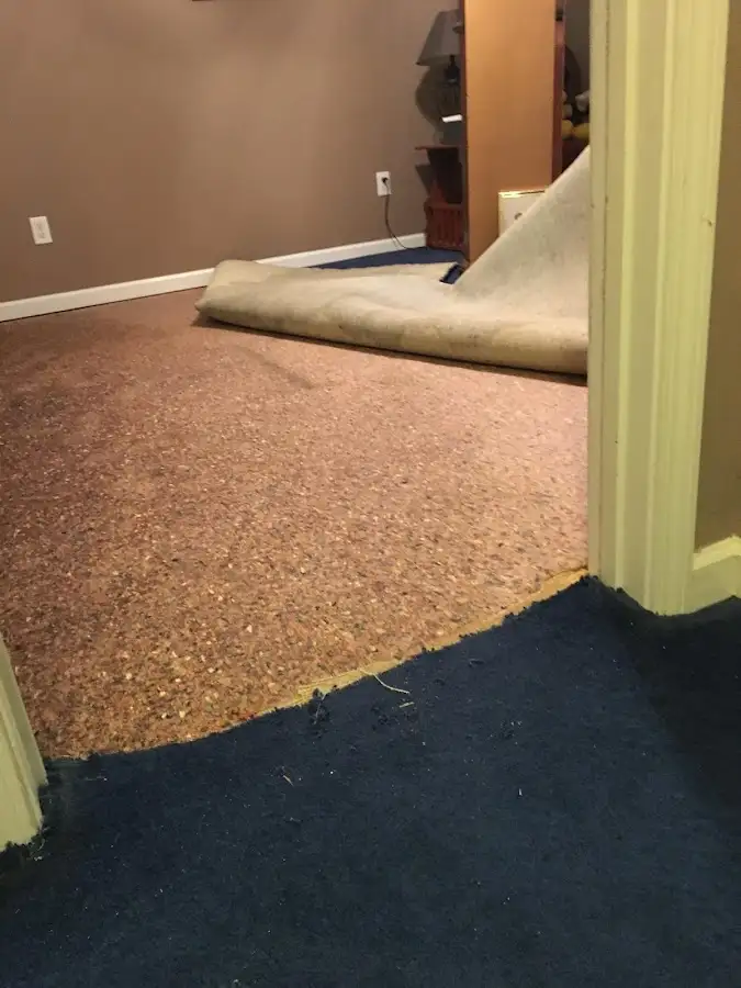 Carpet pad removal revealing water damage during Drying & Dehumidification in Holtville